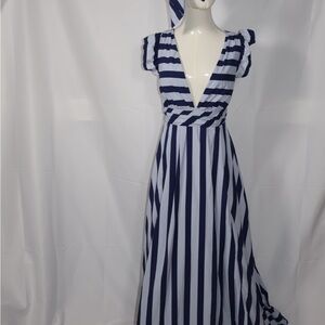Anthropologie Navy & White Striped V‑Neck Maxi Dress